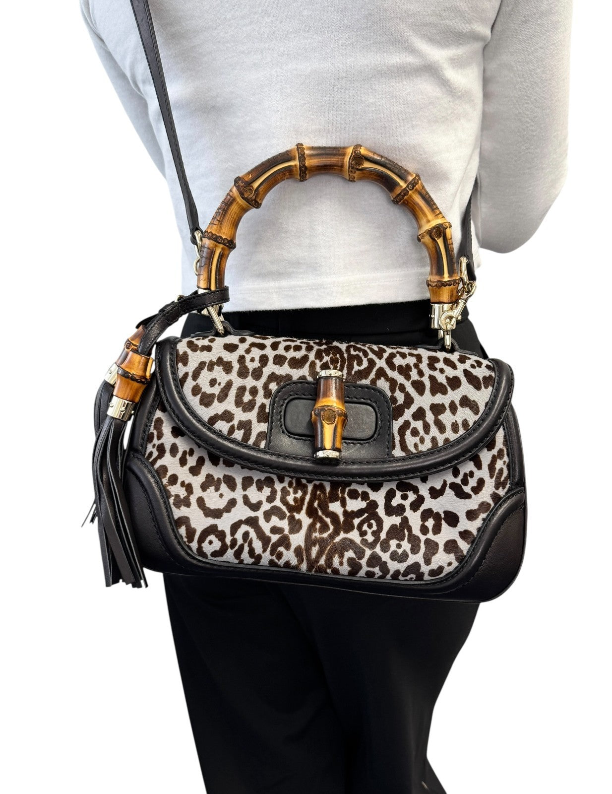GUCCI Vintage Bamboo Leopard 2way Handbag Crossbody Bag Pony Calf Hair Gray