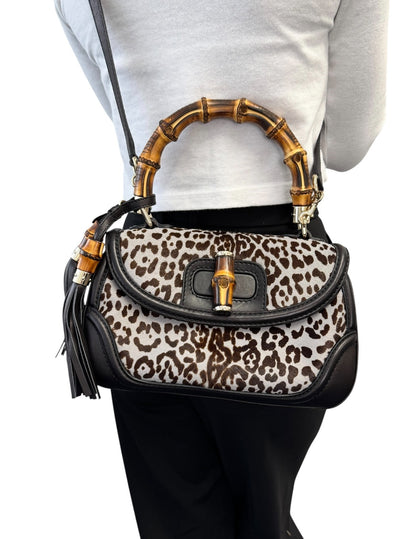 GUCCI Vintage Bamboo Leopard 2way Handbag Crossbody Bag Pony Calf Hair Gray