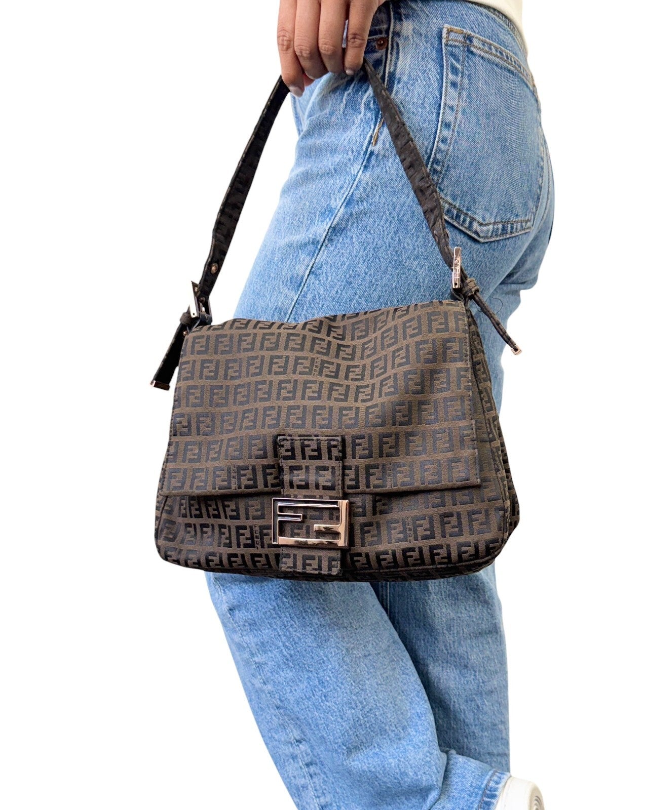 FENDI Vintage FF Logo Zucchino Mamma Baguette Shoulder Bag Brown 901885