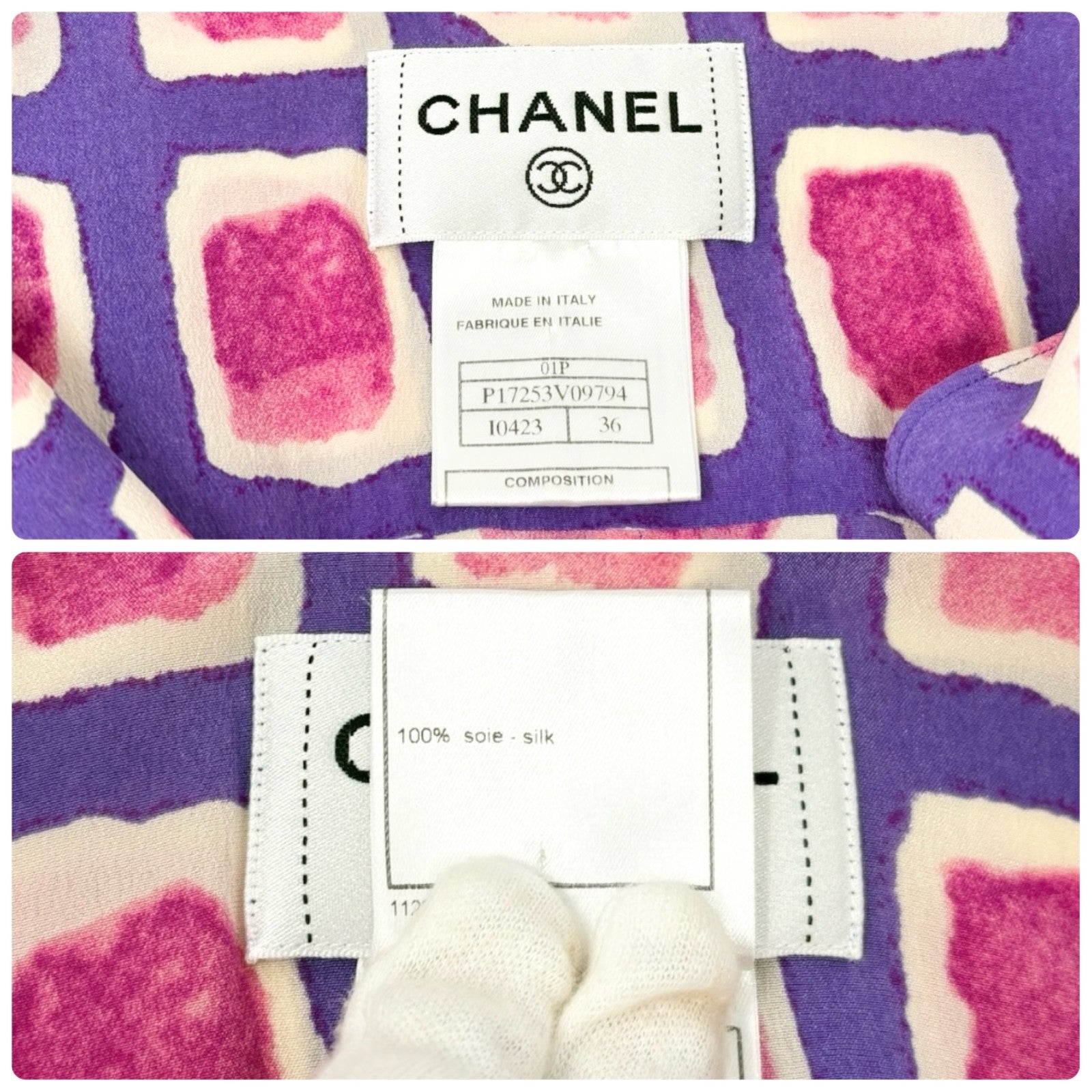 CHANEL Vintage 01P CC Mark Logo Shirt Zip Poket #36 Purple Pink Silk