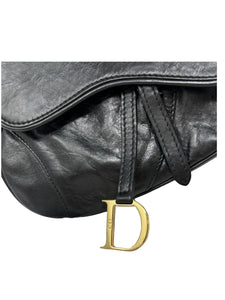 Christian Dior Vintage Logo Mini Saddle Bag Black Gold Leather Rank AB