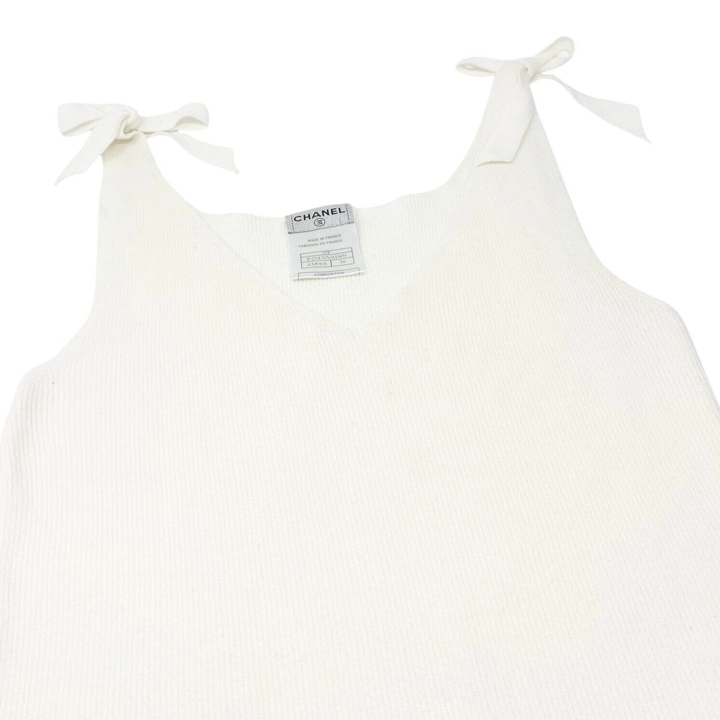 CHANEL Vintage 05P CC Mark Logo Rib Knit Tank Top #38 Sleeveless White Cotton