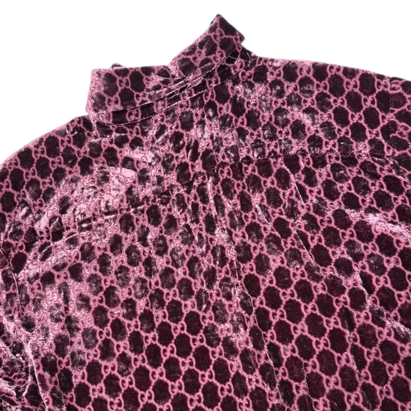 GUCCI Vintage GG Monogram Logo Velour Button Up Shirt Top Purple Silk