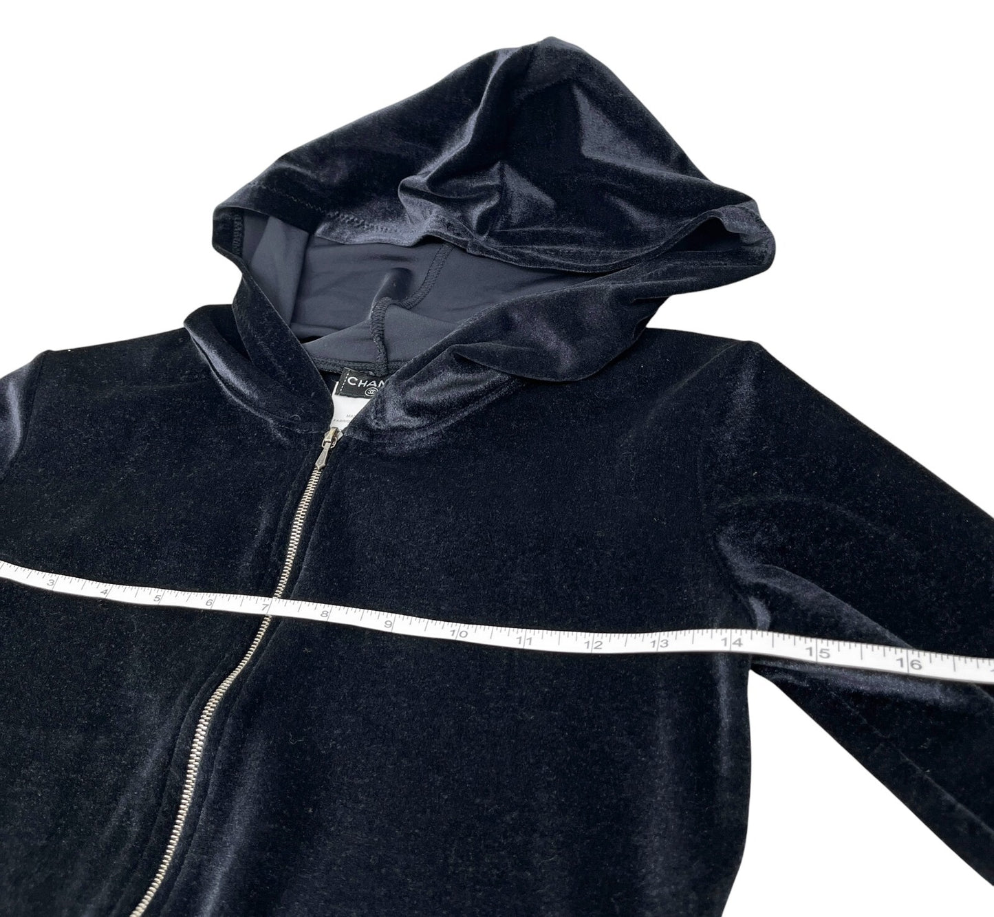 CHANEL Vintage 05C Hoodie Parka Jacket #36 Cropped Zip Velvet Black Nylon