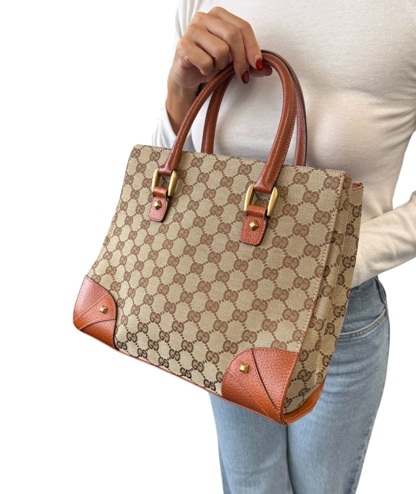 GUCCI Vintage GG Canvas Monogram Tote Bag Nailhead Orange Brown Studs Leather