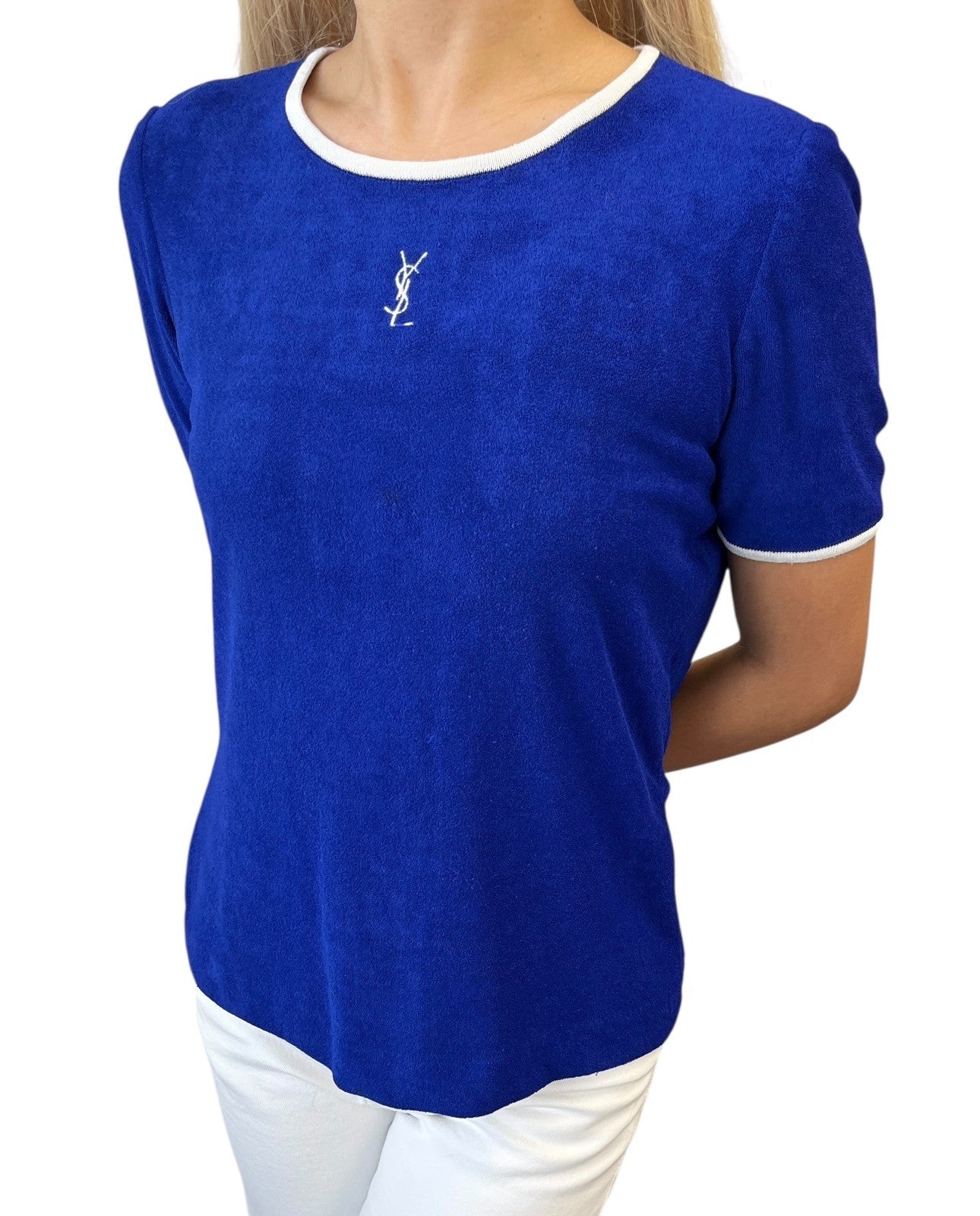 Yves Saint Laurent Vintage YSL Logo Terry Cloth T-shirt Top #M Blue White Rayon