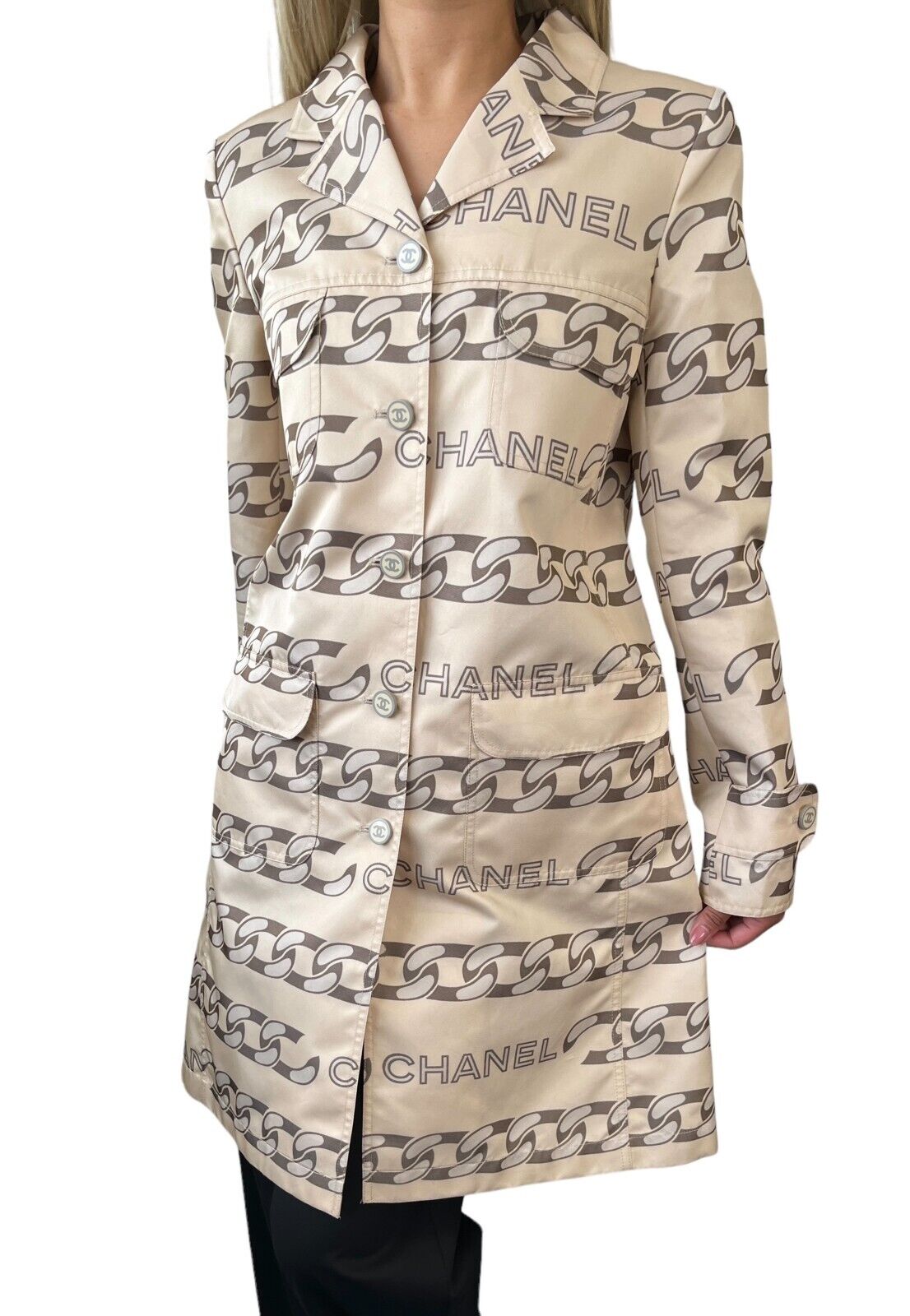 CHANEL Vintage 01A CC Chain Logo Middle Coat #36 Cream Gray Polyester Rank AB