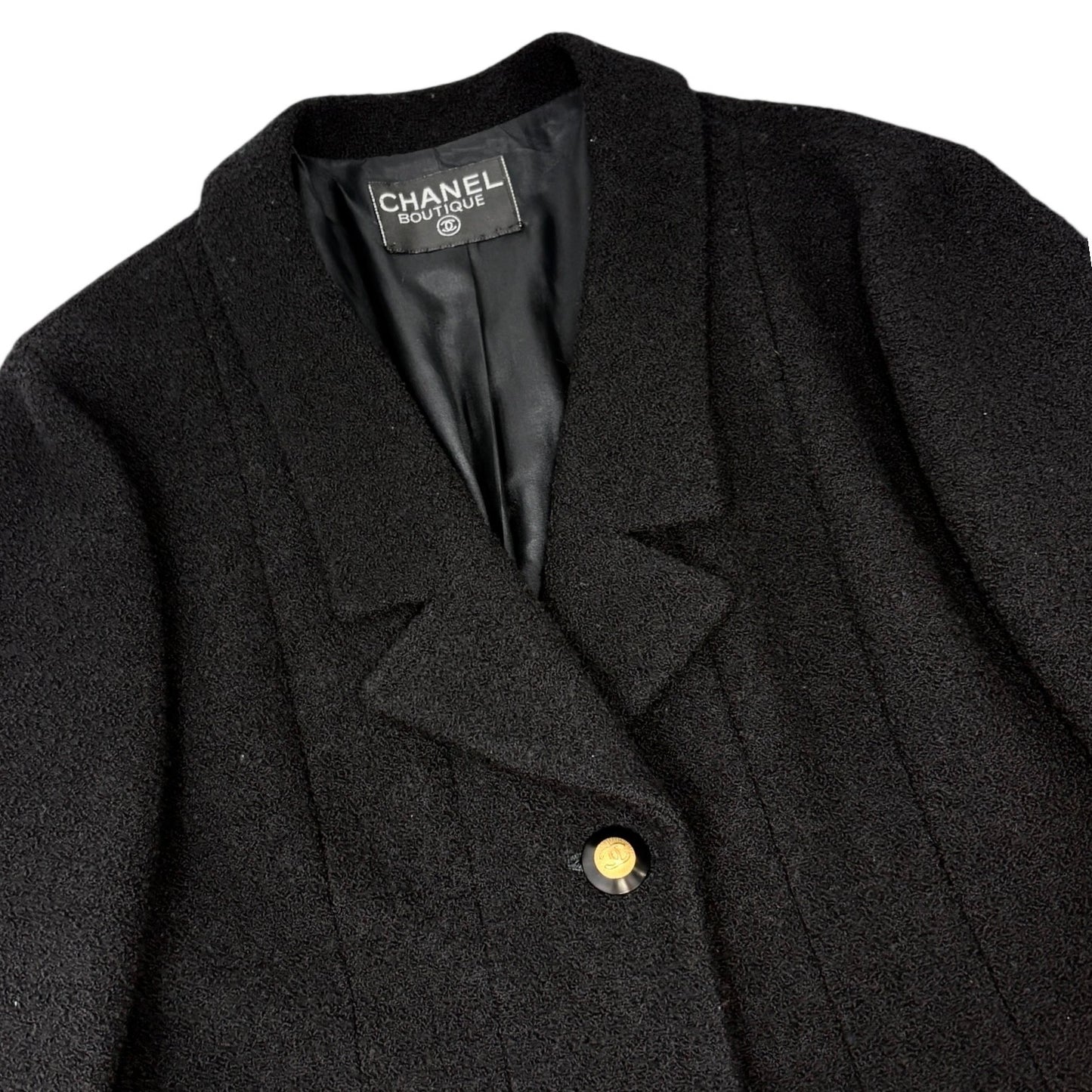 CHANEL Vintage CC Mark Logo Gold Button Jacket Black Wool Silk Pockets
