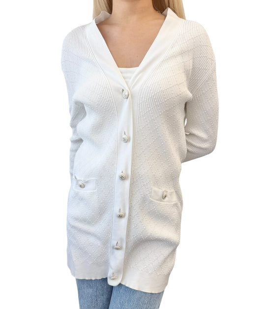 CHANEL Vintage P45654 CC Logo Button Knit Long Cardigan Top #38 White 106957