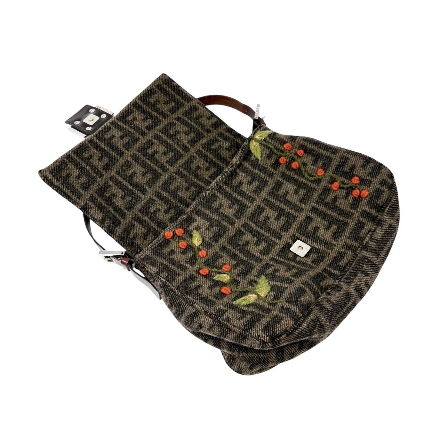 FENDI Vintage FF Mamma Baguette Wool Knit Shoulder Bag Brown Flower
