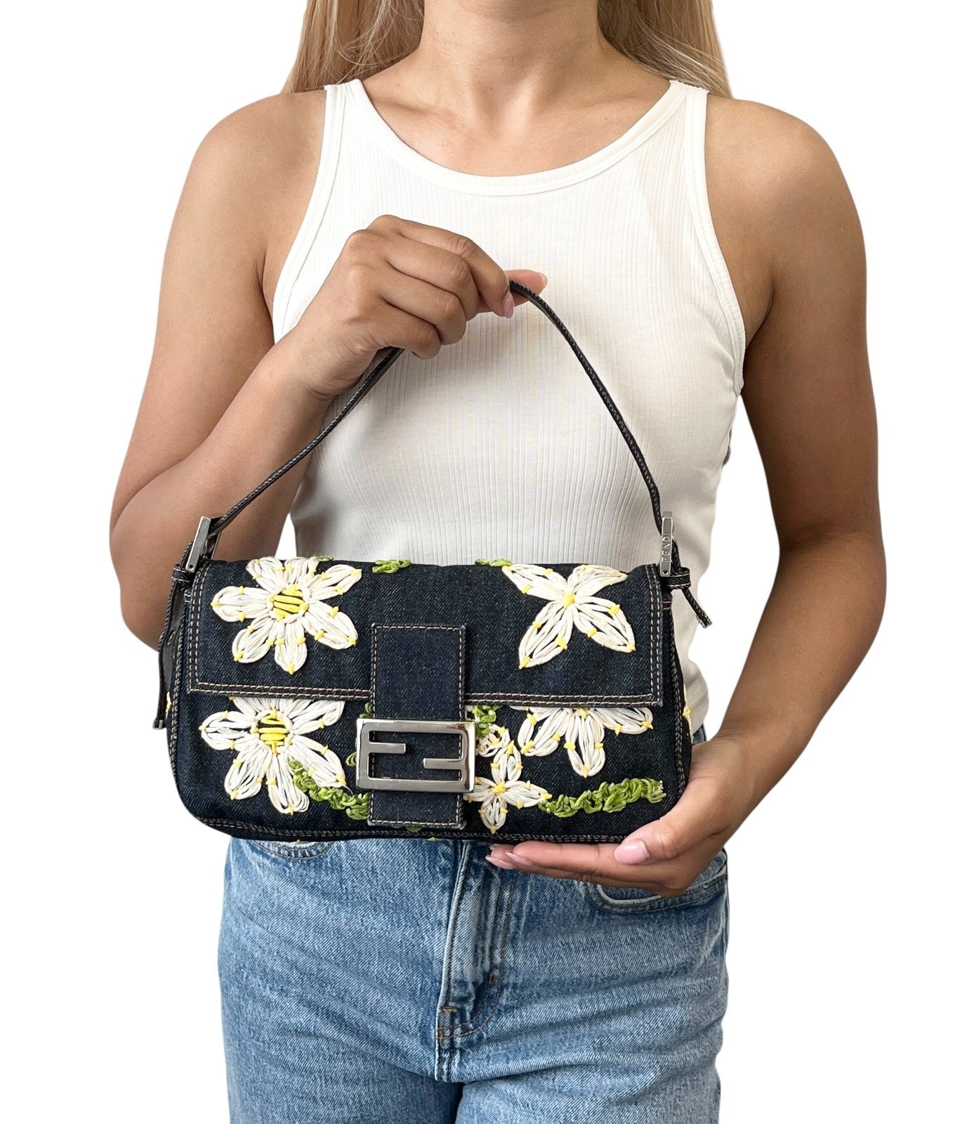 FENDI Vintage Mamma Baguette Denim Shoulder Bag Flower Blue Cotton 901871