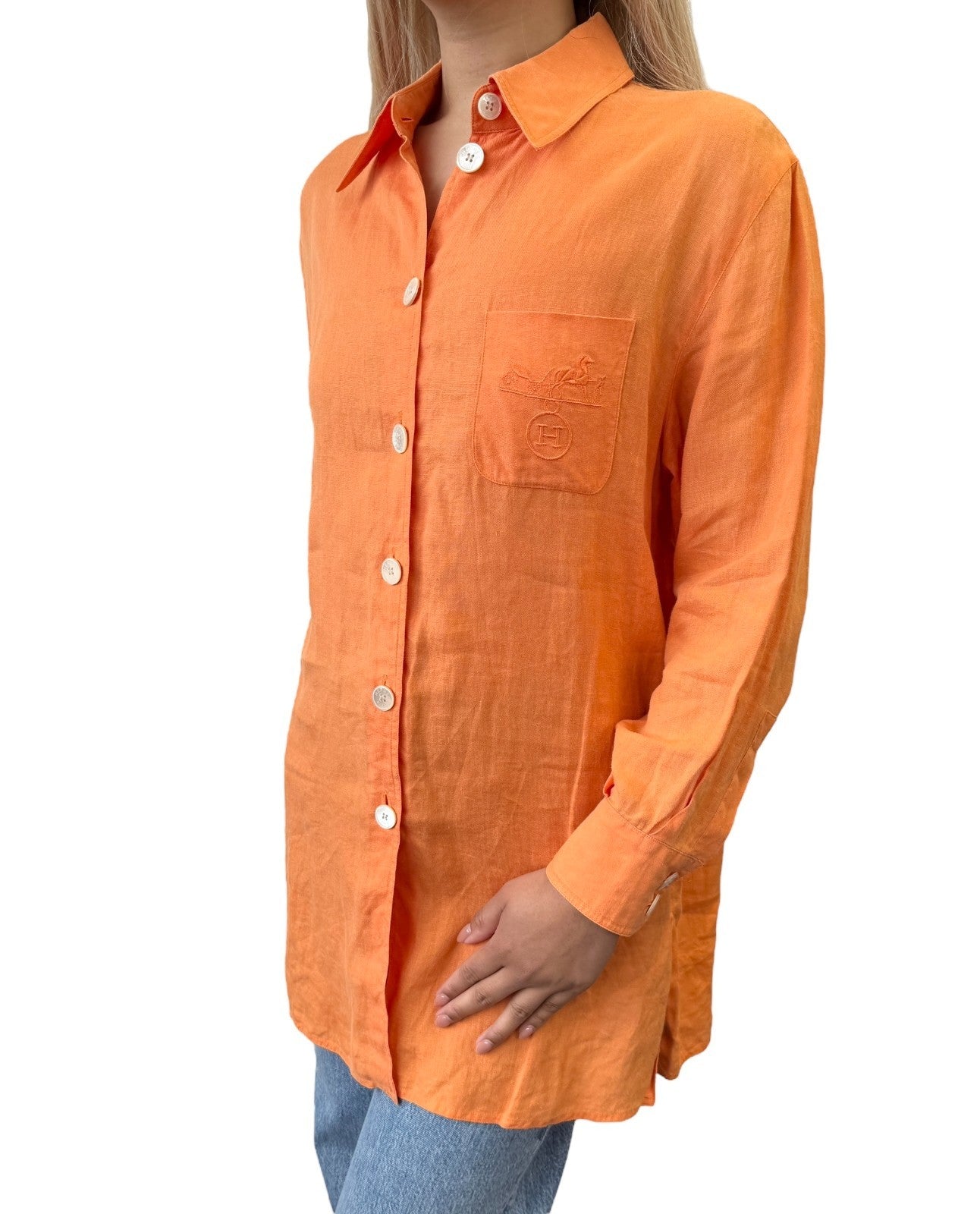 HERMES Vintage Button Up Shirt Top #36 Horse Carriage Embroidery Orange Linen