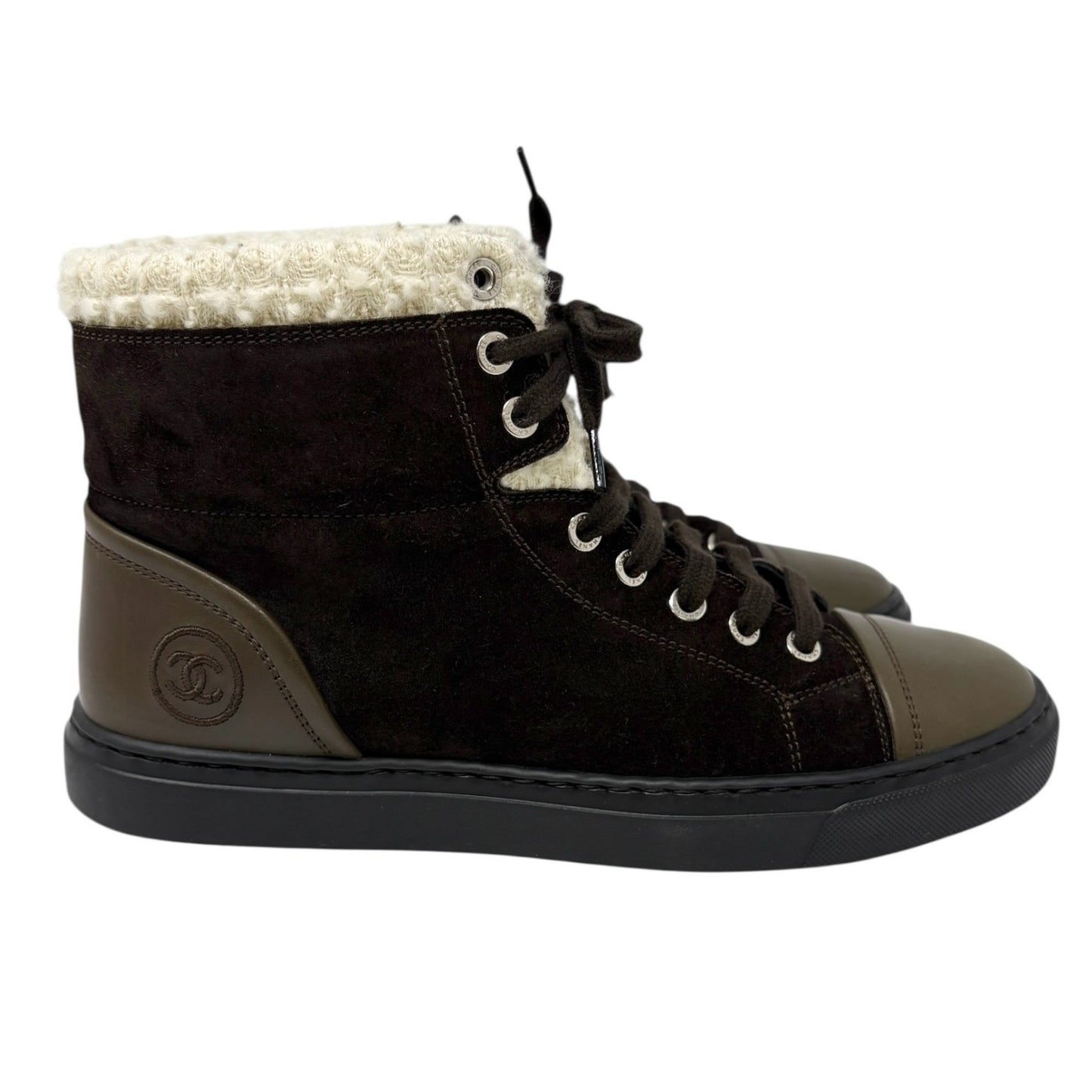 CHANEL Vintage 15A CC Suede Shearling High-cut Sneakers #38 Olive Green Brown