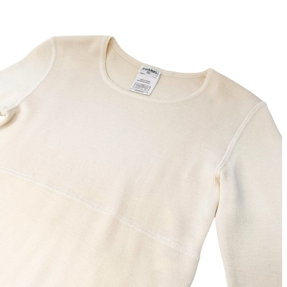 CHANEL Vintage 01A CC Mark Logo Knit Sweater #42 Long Sleeve Top Cream Wool