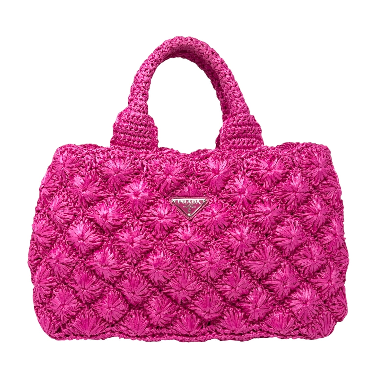 PRADA Vintage Triangle Logo Canapa Tote Bag Handbag Pink Raffia