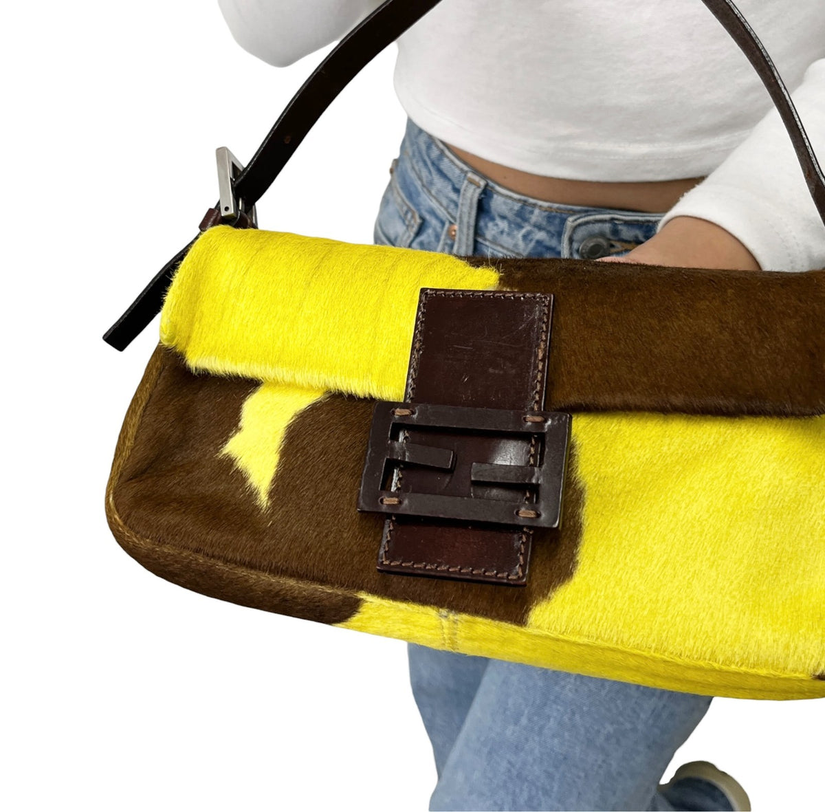 FENDI Vintage FF  Cow Mamma Baguette Bag Yellow Brown Pony Calf Hair 902801