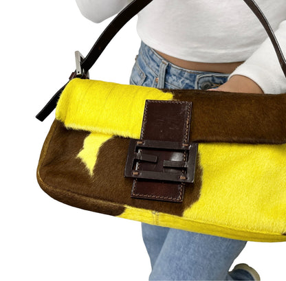 FENDI Vintage FF  Cow Mamma Baguette Bag Yellow Brown Pony Calf Hair 902801