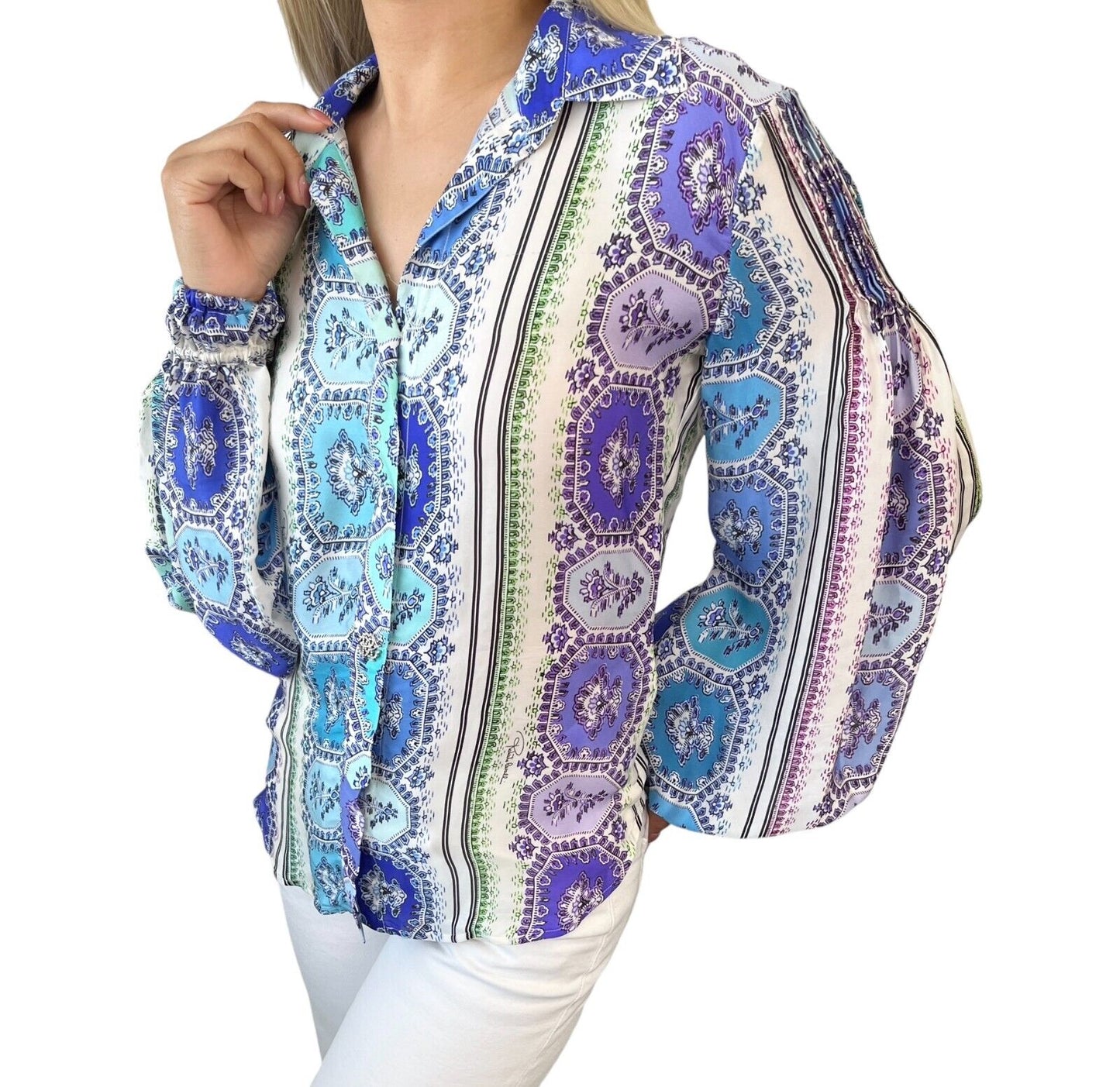 Roberto Cavalli Vintage Shirt Top #38 Rhinestone Button Blue Purple Silk RankAB
