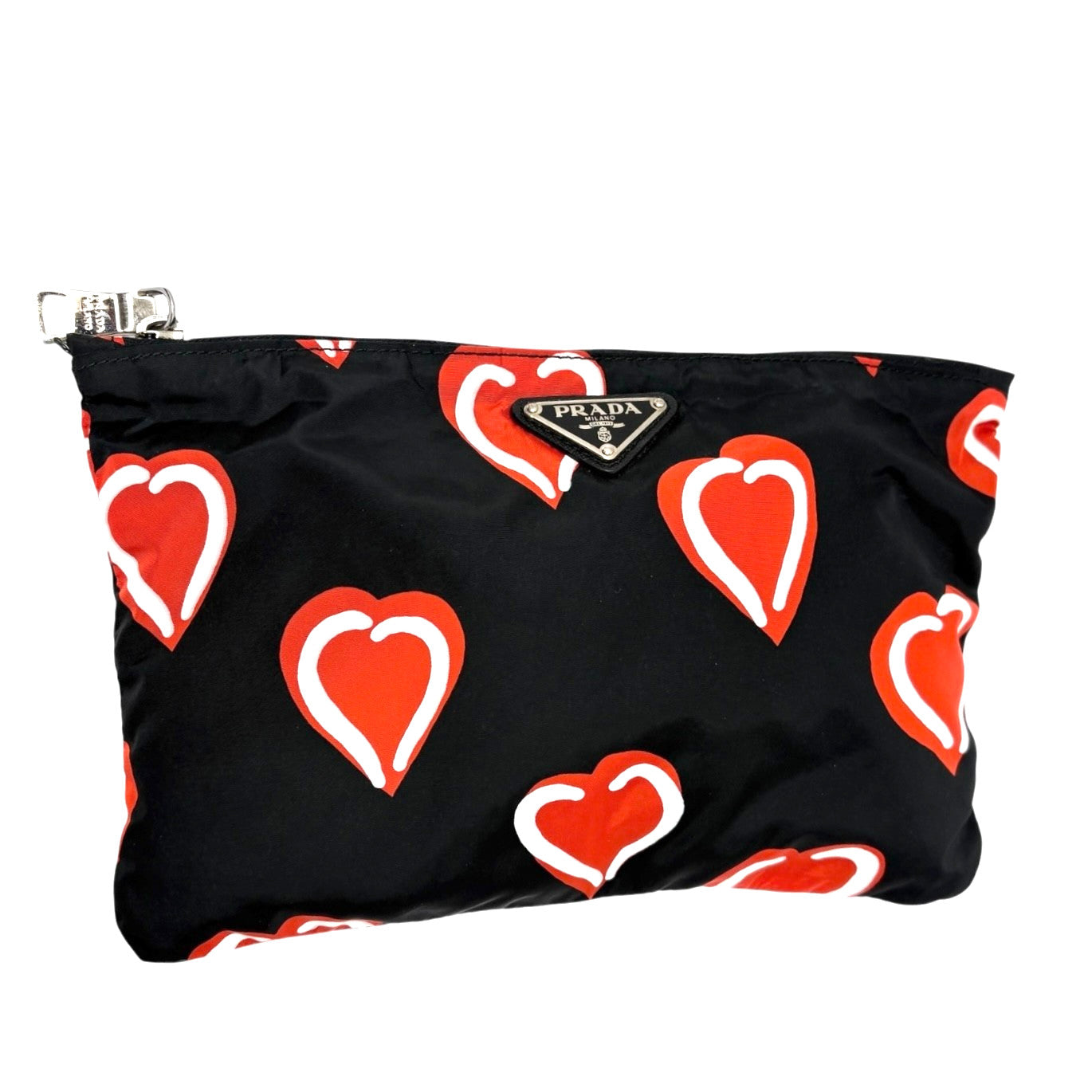 PRADA Vintage Logo Heart Pattern Print Tote Bag Handbag Pouch Black Red Nylon