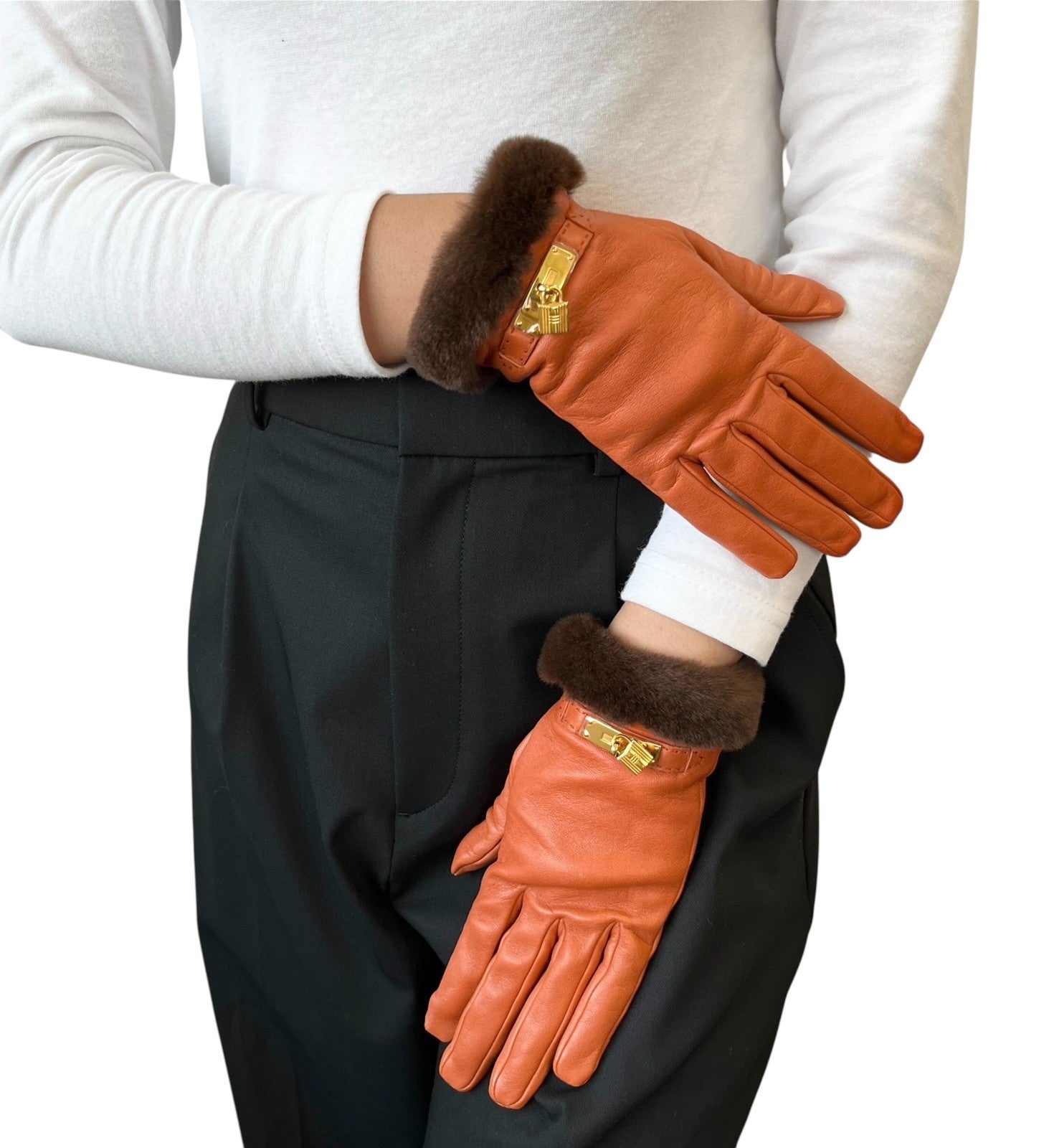 HERMES Vintage H Logo Kelly Gloves Accessory Padlock Charm #7 Orange Leather