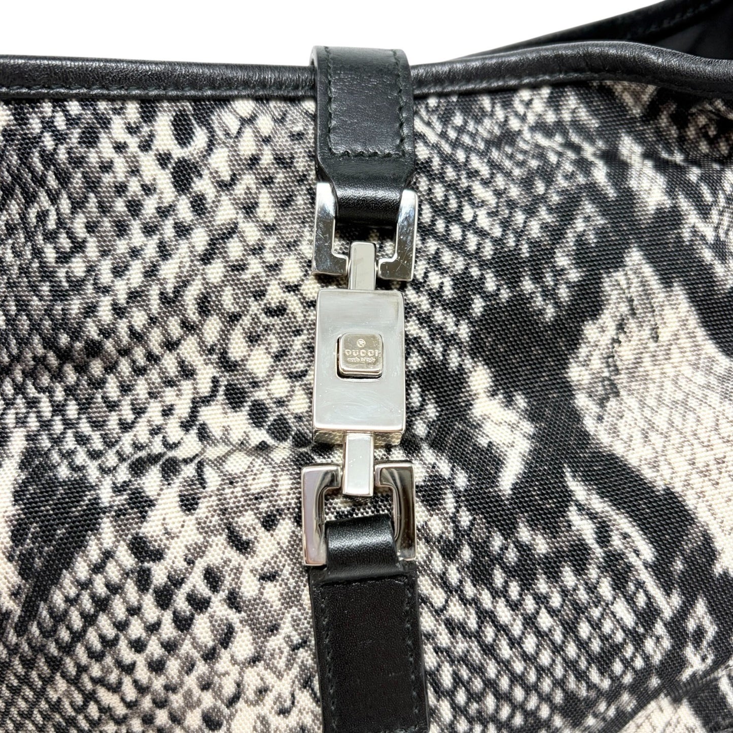 GUCCI Vintage Logo Jackie Snake Print Shoulder Bag Black White Nylon 902411
