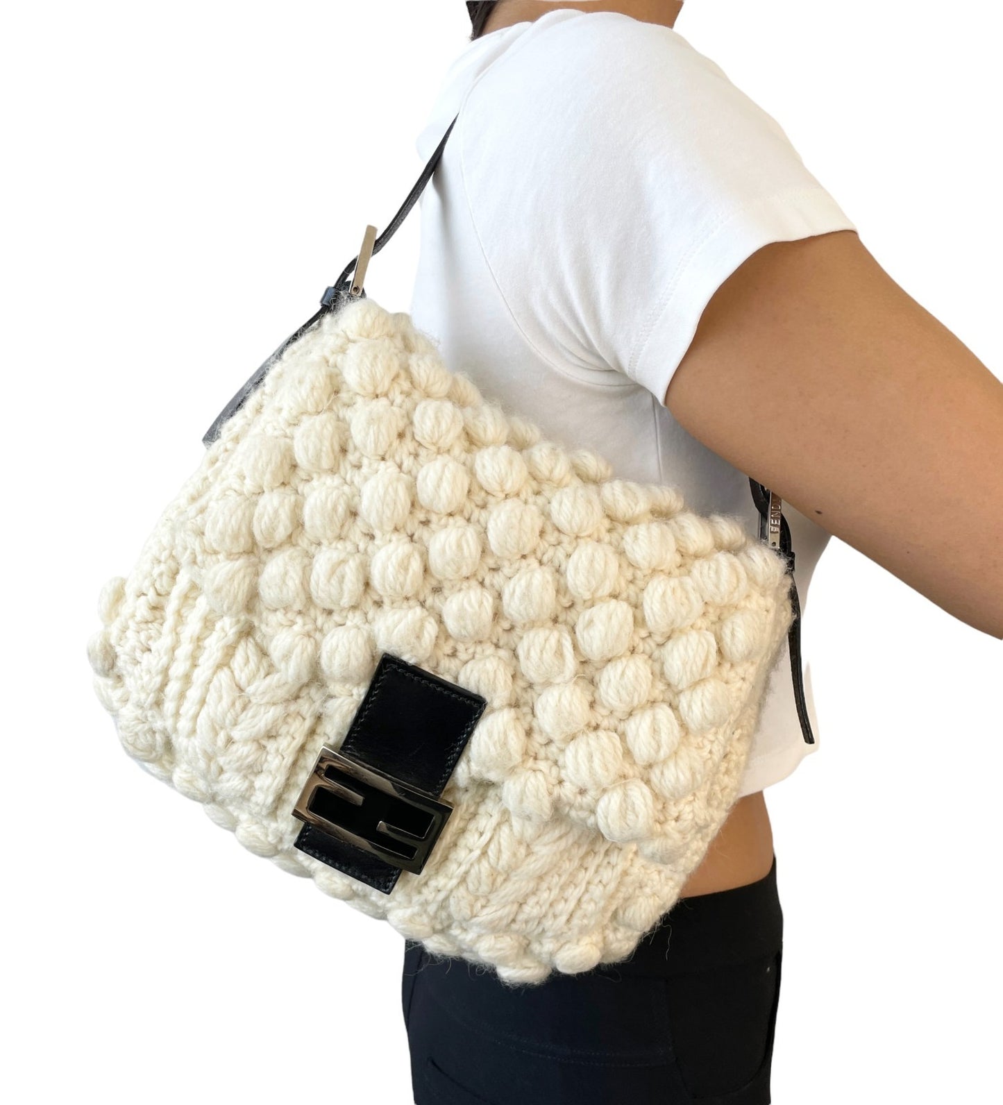 FENDI Vintage FF Logo Knit Mamma Baguette Shoulder Bag Wool Cream 902239