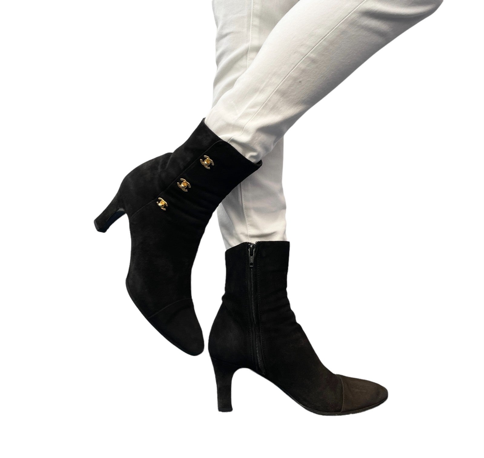 CHANEL Vintage CC Logo Turnlock Ankle Boots Heels #36.5 Black Suede Leather