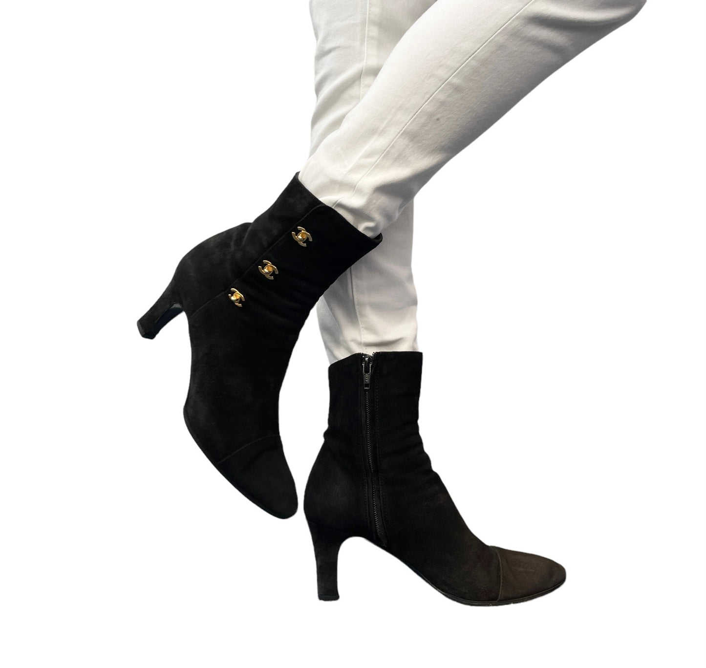 CHANEL Vintage CC Logo Turnlock Ankle Boots Heels #36.5 Black Suede Leather