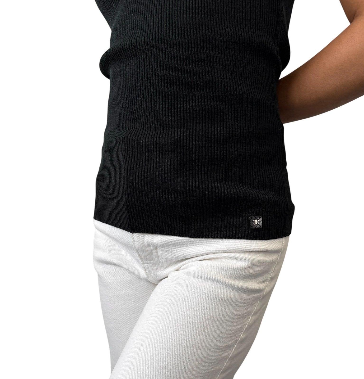 CHANEL Vintage 02C CC Logo Ribbed Camisole Top #42 Black Cotton Sleeveless