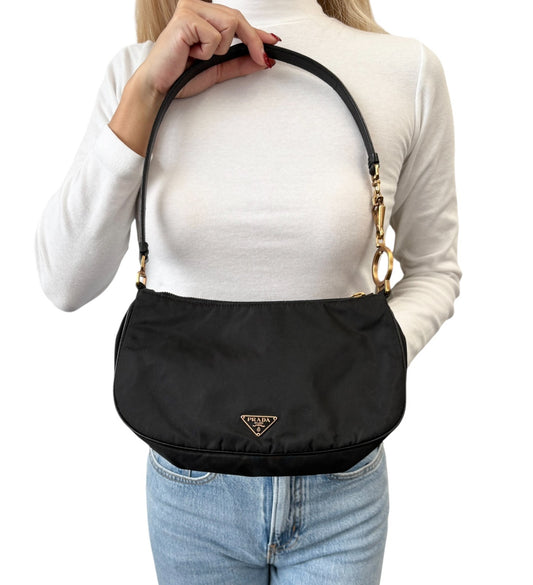 PRADA Vintage Mini Shoulder Nylon Bag Handbag Pochette Black Gold Logo