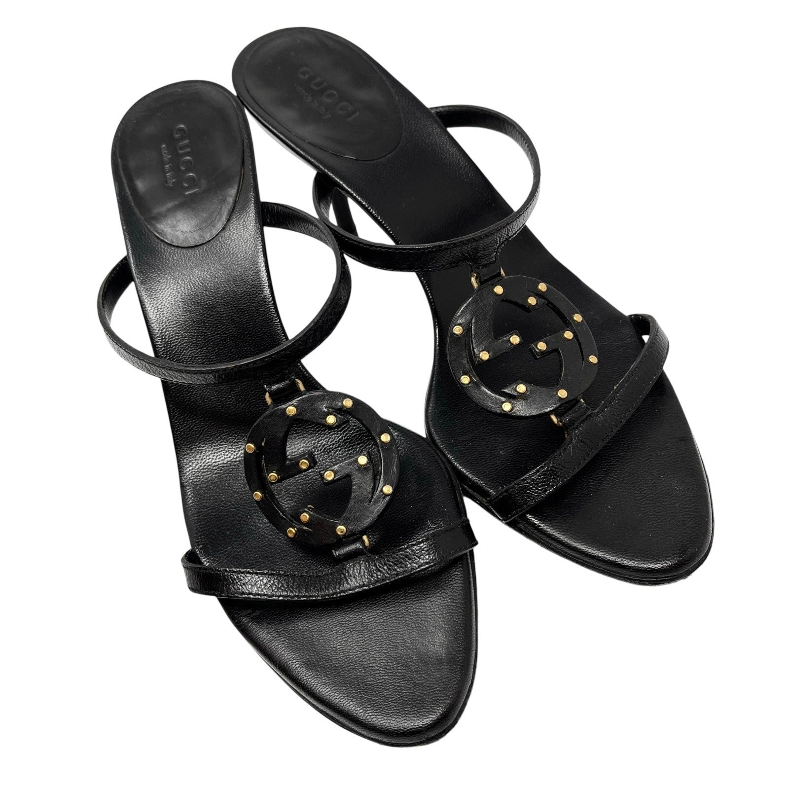 GUCCI Vintage GG Logo Slide Sandals Heels #36 Studs Stiletto Black Gold Leather