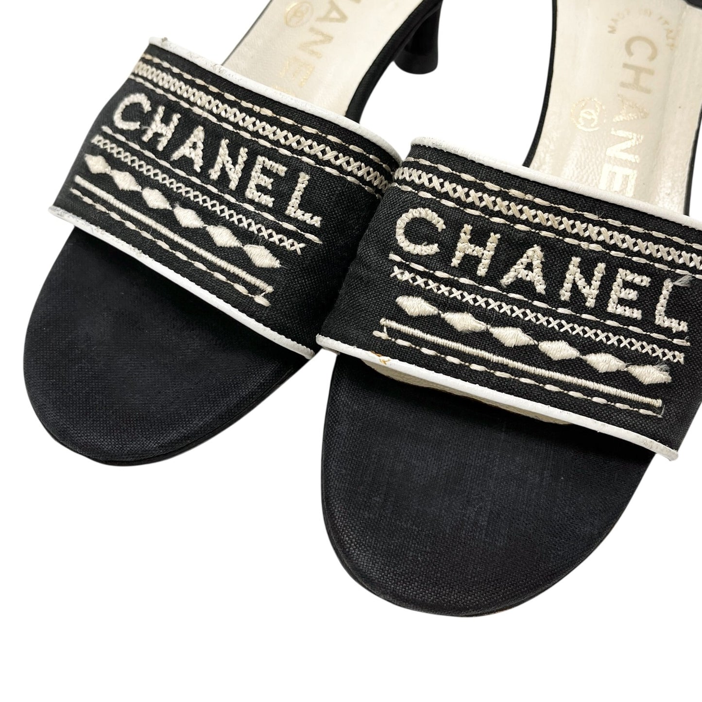 CHANEL Vintage CC Mark Logo Sandals Heels #36 Stitch Black White Cotton Leather