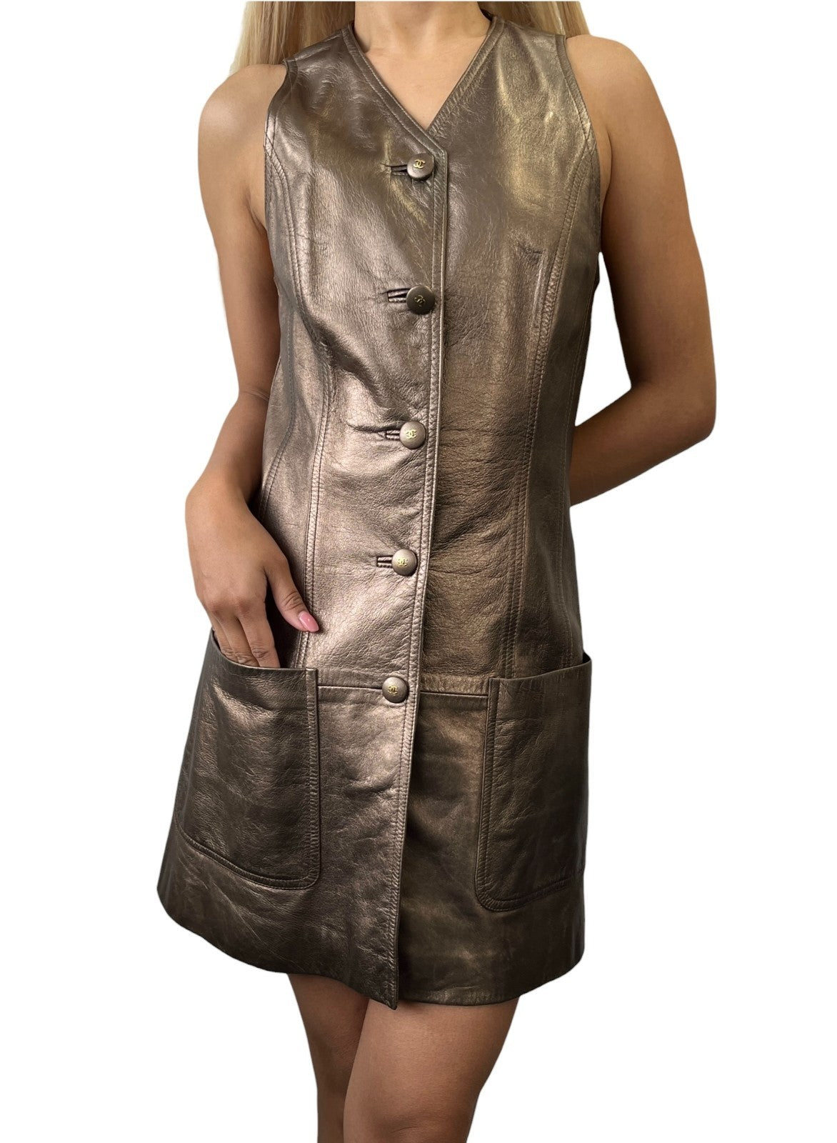 CHANEL Vintage 94A CC Logo Button Leather Dress One-piece #38 Gold Bronze