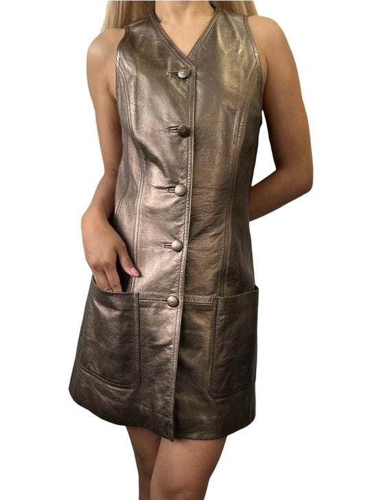 CHANEL Vintage 94A CC Logo Button Leather Dress One-piece #38 Gold Bronze