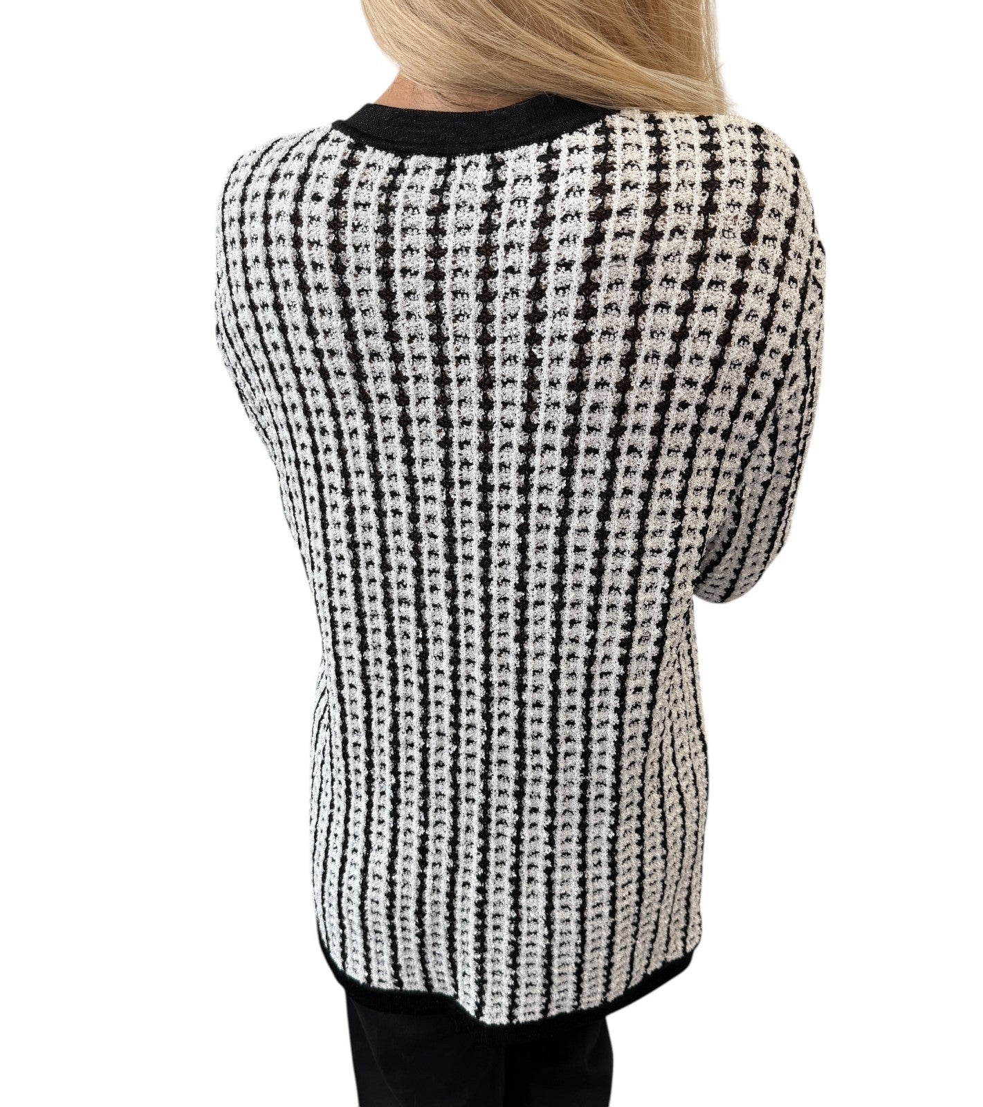 CHANEL Vintage 97P CC Logo Button Tweed Cardigan Sweater Top Black White