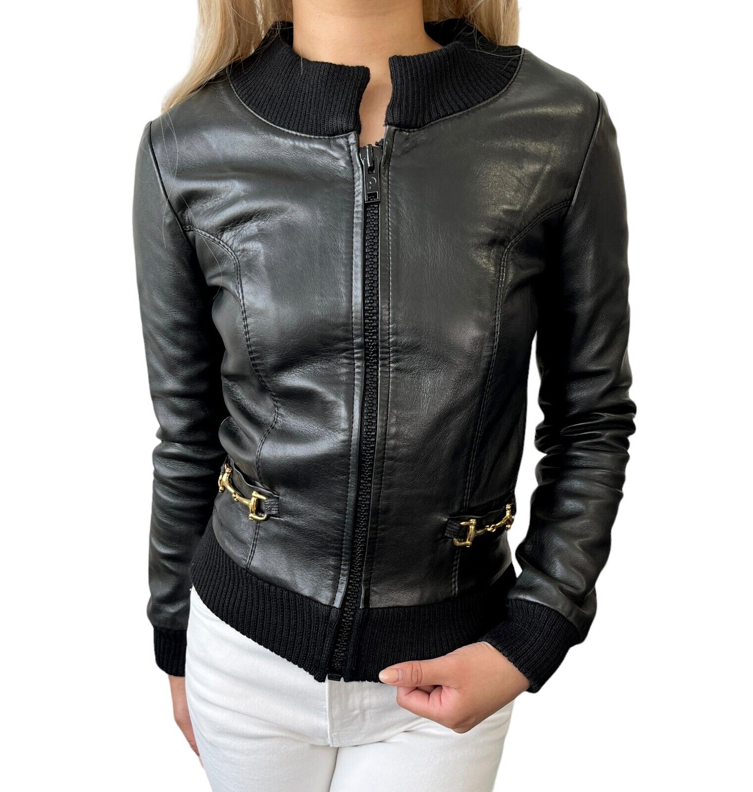 CELINE Vintage Logo Zipped Leather Jacket #36 Pocket Black Gold Rank AB