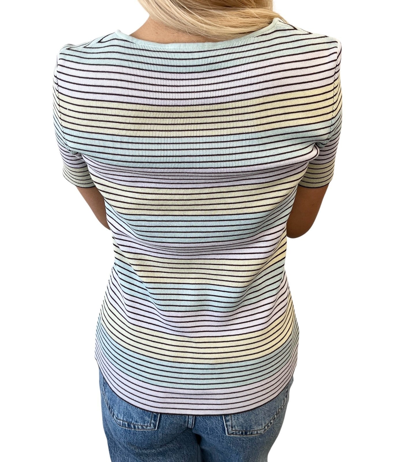CHANEL Vintage 98P CC Logo Stripe Knit Shirt Top #40 Multicolor Cotton 902213