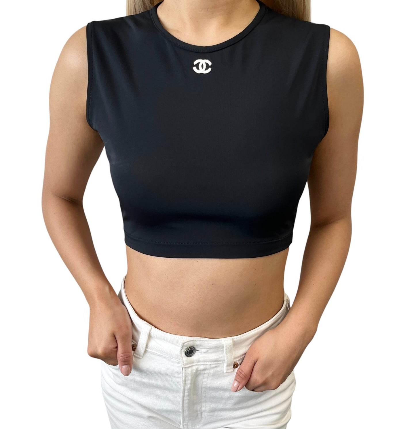 CHANEL Vintage P95 CC Logo Cropped Tank Top #38 Sleeveless Black White 901964