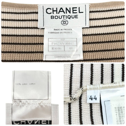 CHANEL Vintage 98P CC Mark Logo Stripe Knit T-shirt Top #44 Beige Brown Pullover
