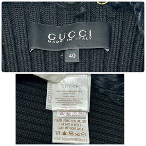 GUCCI Vintage Horsebit Faux Fur Jacket Knit Vest #40 Black Gold Wool Zip