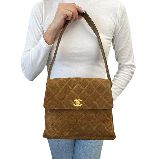 CHANEL Vintage CC Logo Turnlock Quilted Suede Flap Shoulder Bag Brown 902580