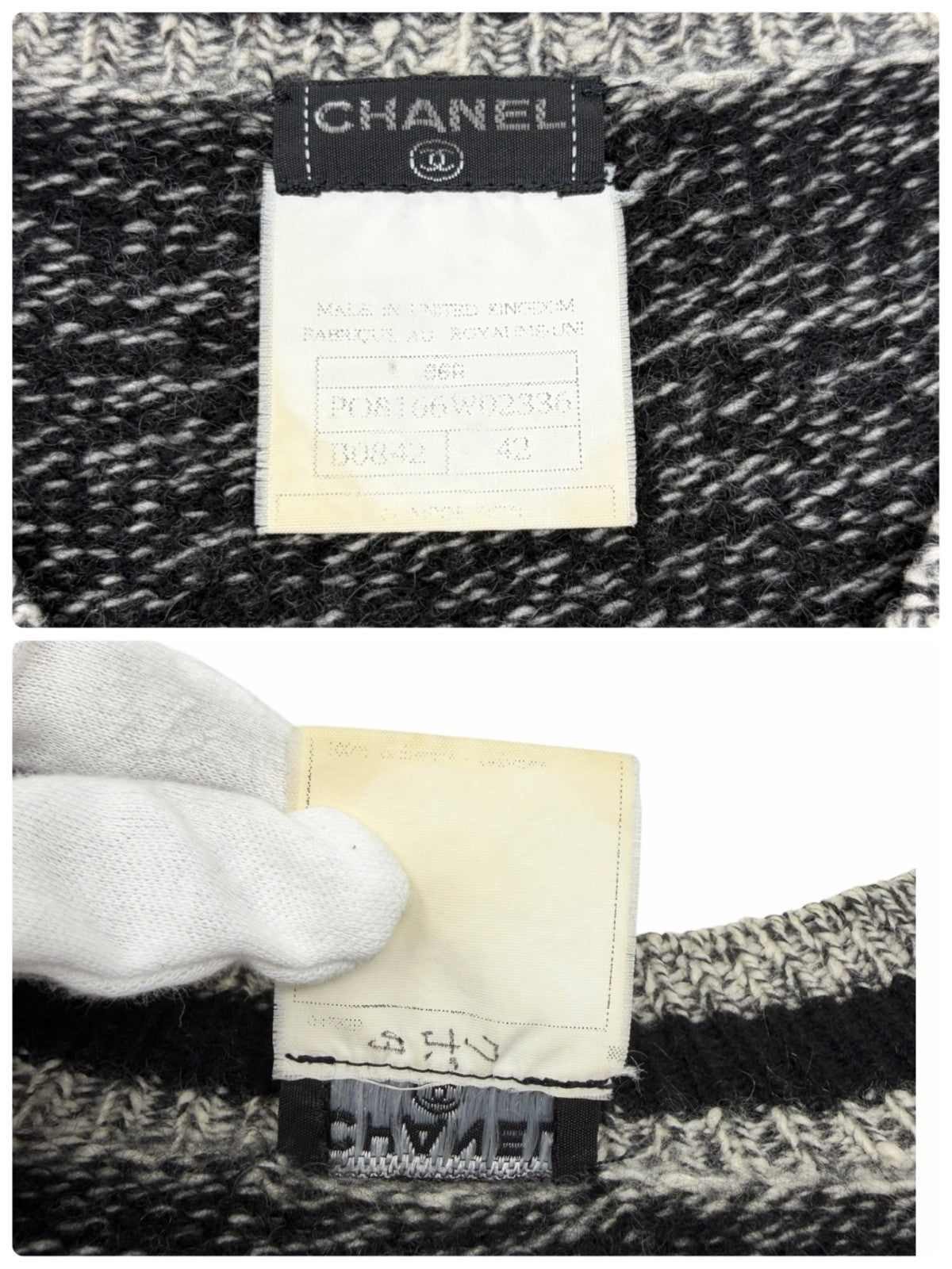 CHANEL Vintage 96A Big CC Logo Knit Cashmere Sweater Top #42 Gray Black 902394