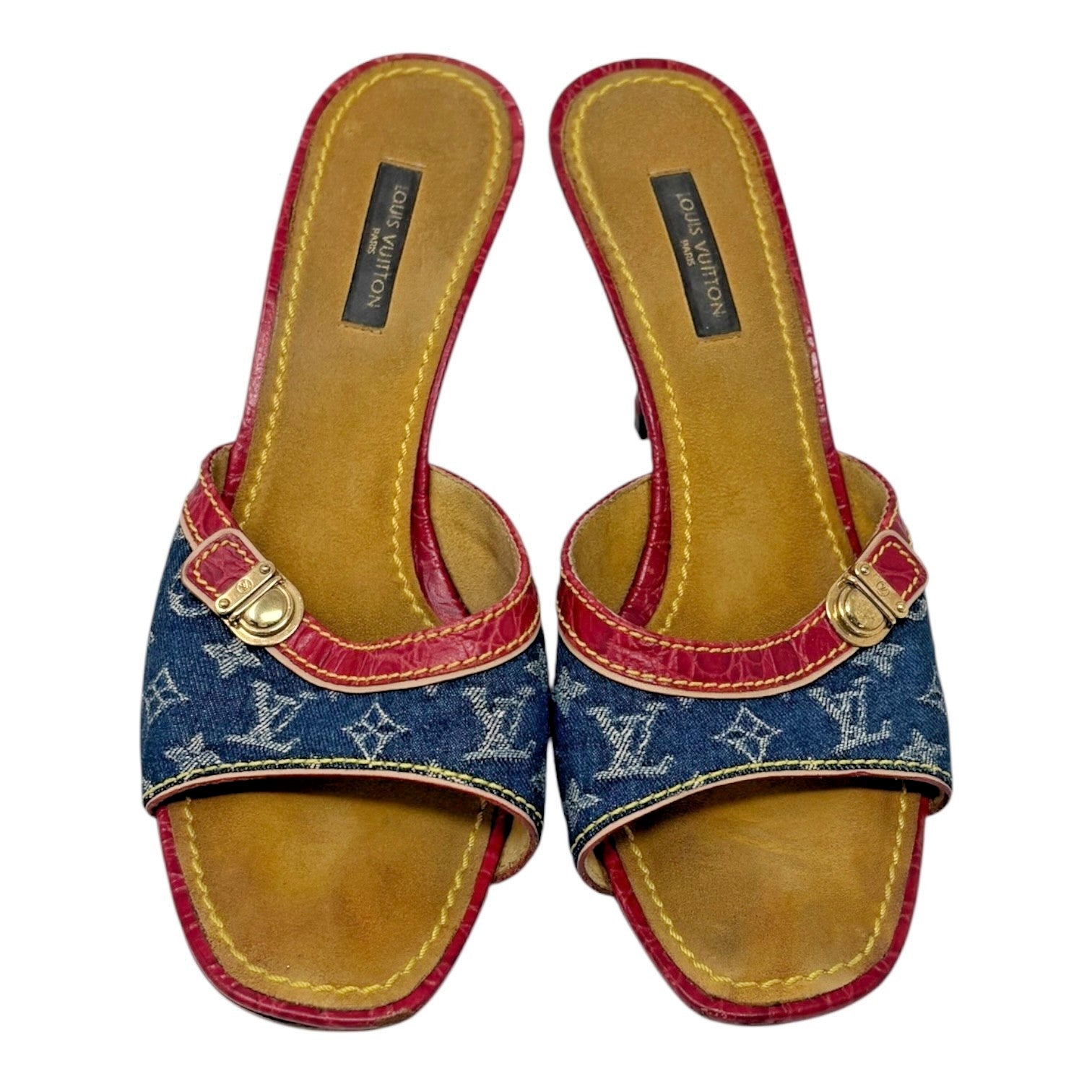 LOUIS VUITTON Vintage Monogram Denim Heels Sandals #36.5 Blue Brown Leather