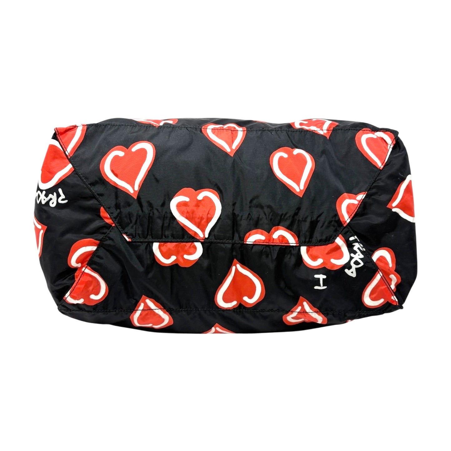 PRADA Vintage Logo Heart Pattern Print Tote Bag Handbag Pouch Black Red Nylon