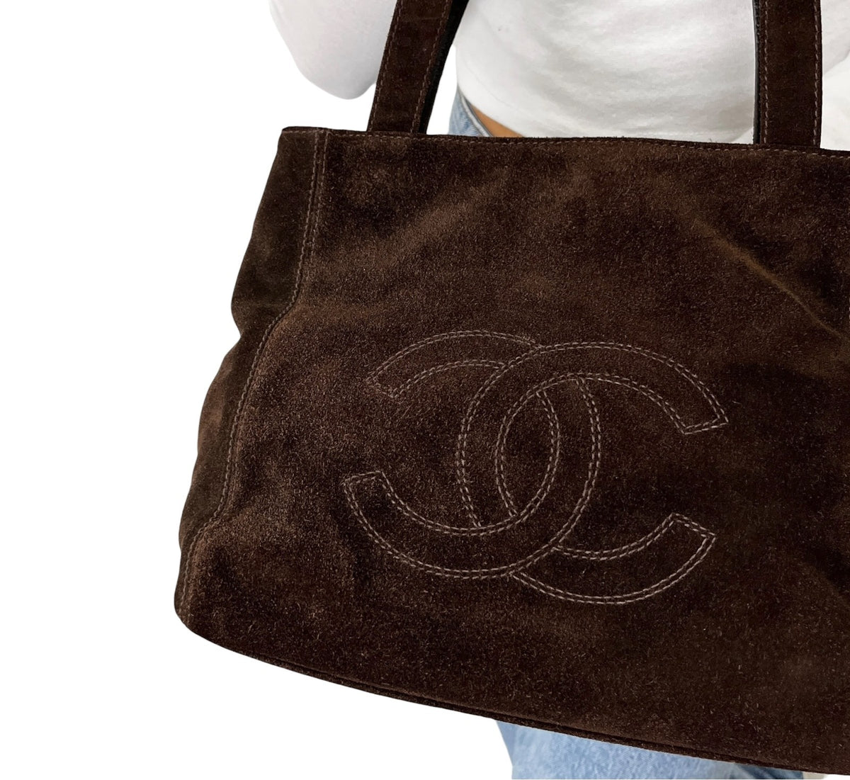 CHANEL Vintage Stitch CC Logo Suede Tote Shoulder Bag Dark Brown 902336