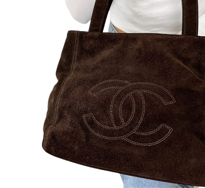 CHANEL Vintage Stitch CC Logo Suede Tote Shoulder Bag Dark Brown 902336