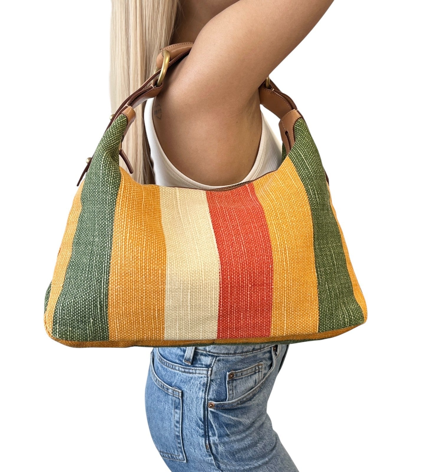 GUCCI Vintage Horsebit Multicolor Stripe Hobo Bag Zip Camel Canvas Leather
