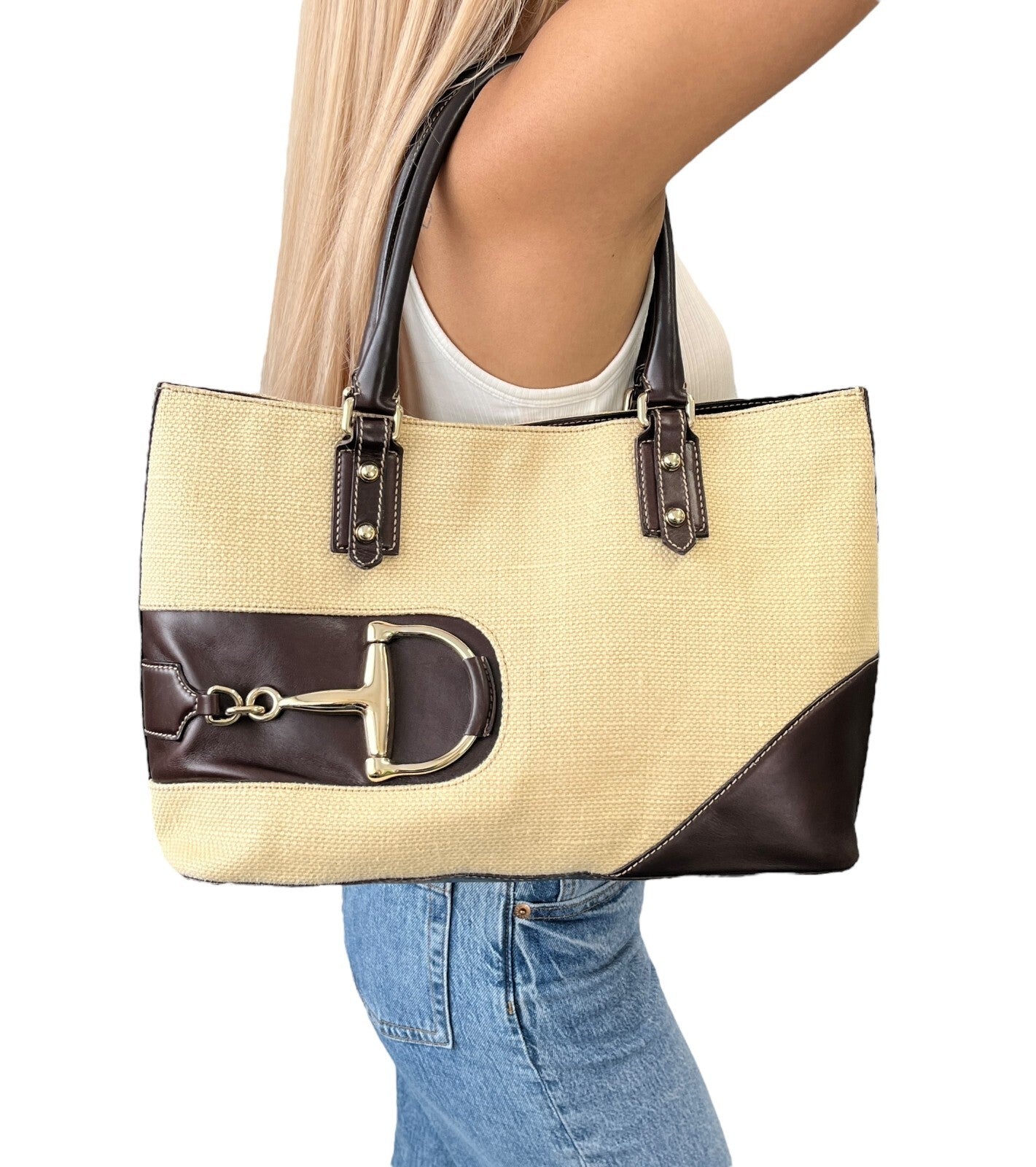 GUCCI Vintage Horsebit Shoulder Tote Bag Beige Brown Silver Cotton Leather