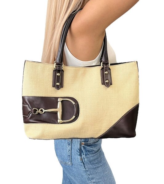 GUCCI Vintage Horsebit Shoulder Tote Bag Beige Brown Silver Cotton Leather