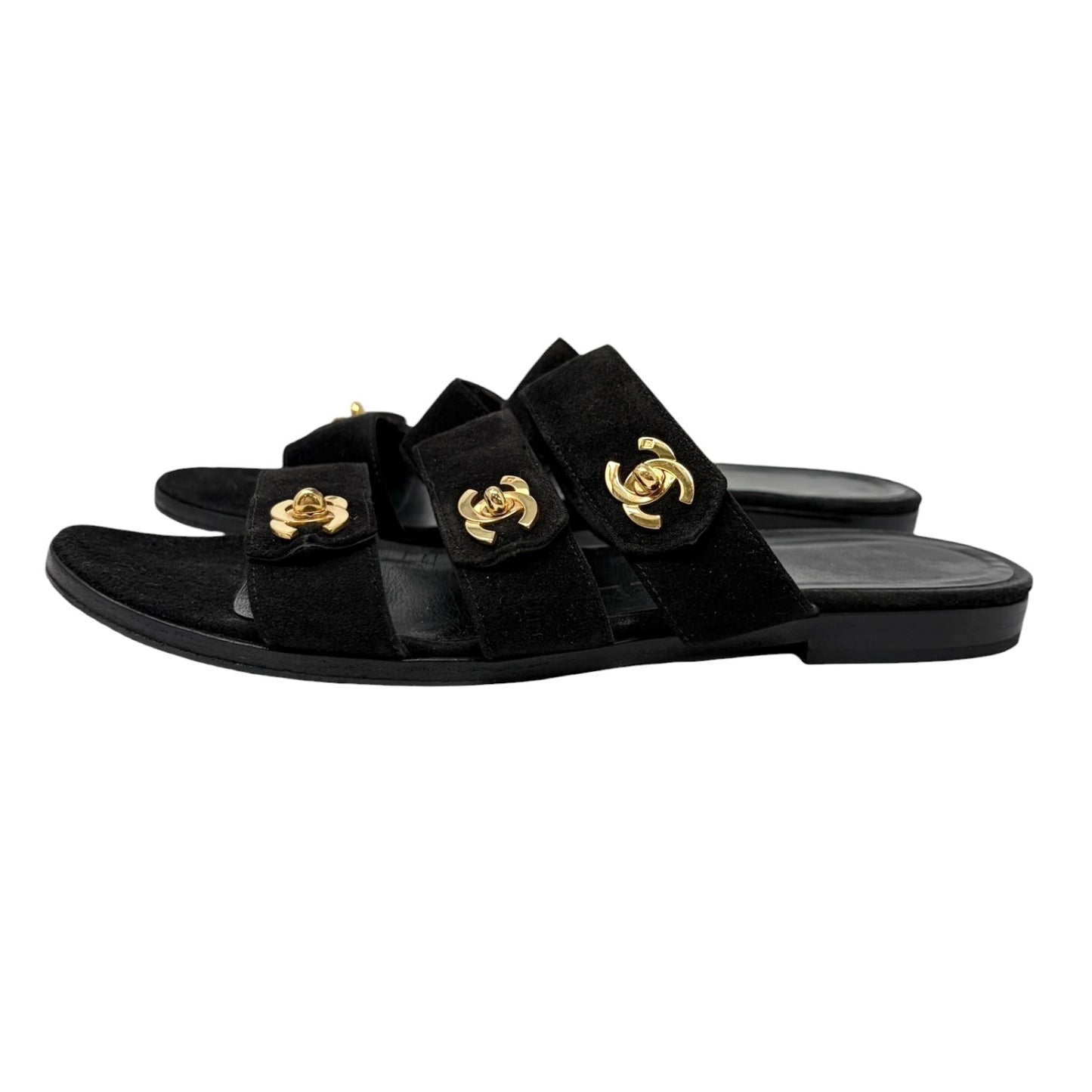CHANEL Vintage CC Turnlock Flat Slide Sandals #37 Black Gold  Suede 902296
